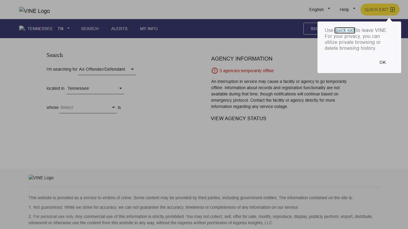 VINELink - Tennessee - Search